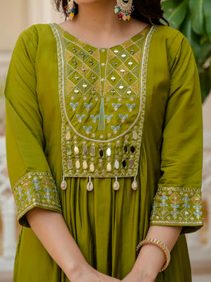 Viscose Roman Silk Embroidered Anarkali Kurti Set – Mahendi