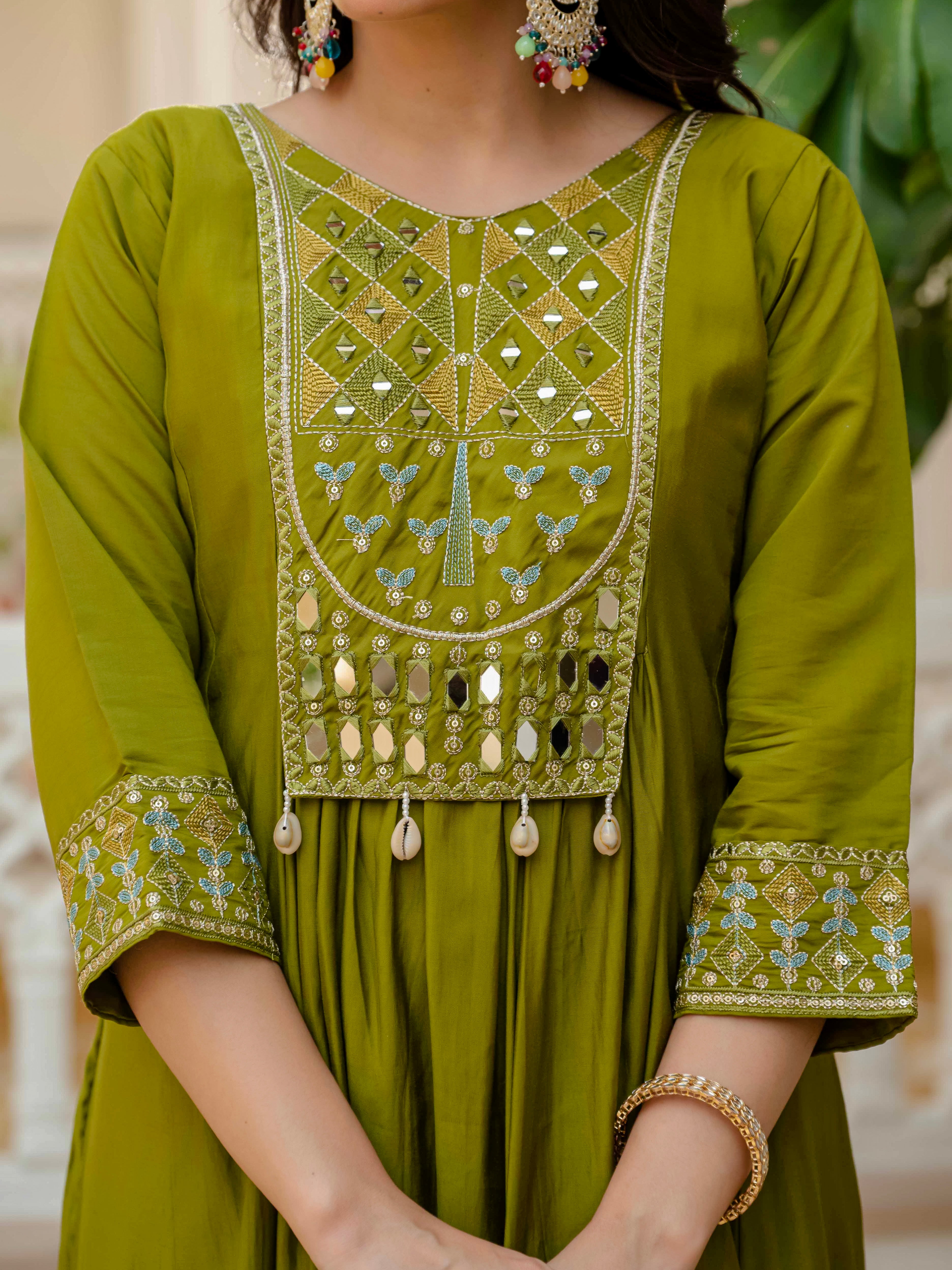Viscose Roman Silk Embroidered Anarkali Kurti Set – Mahendi
