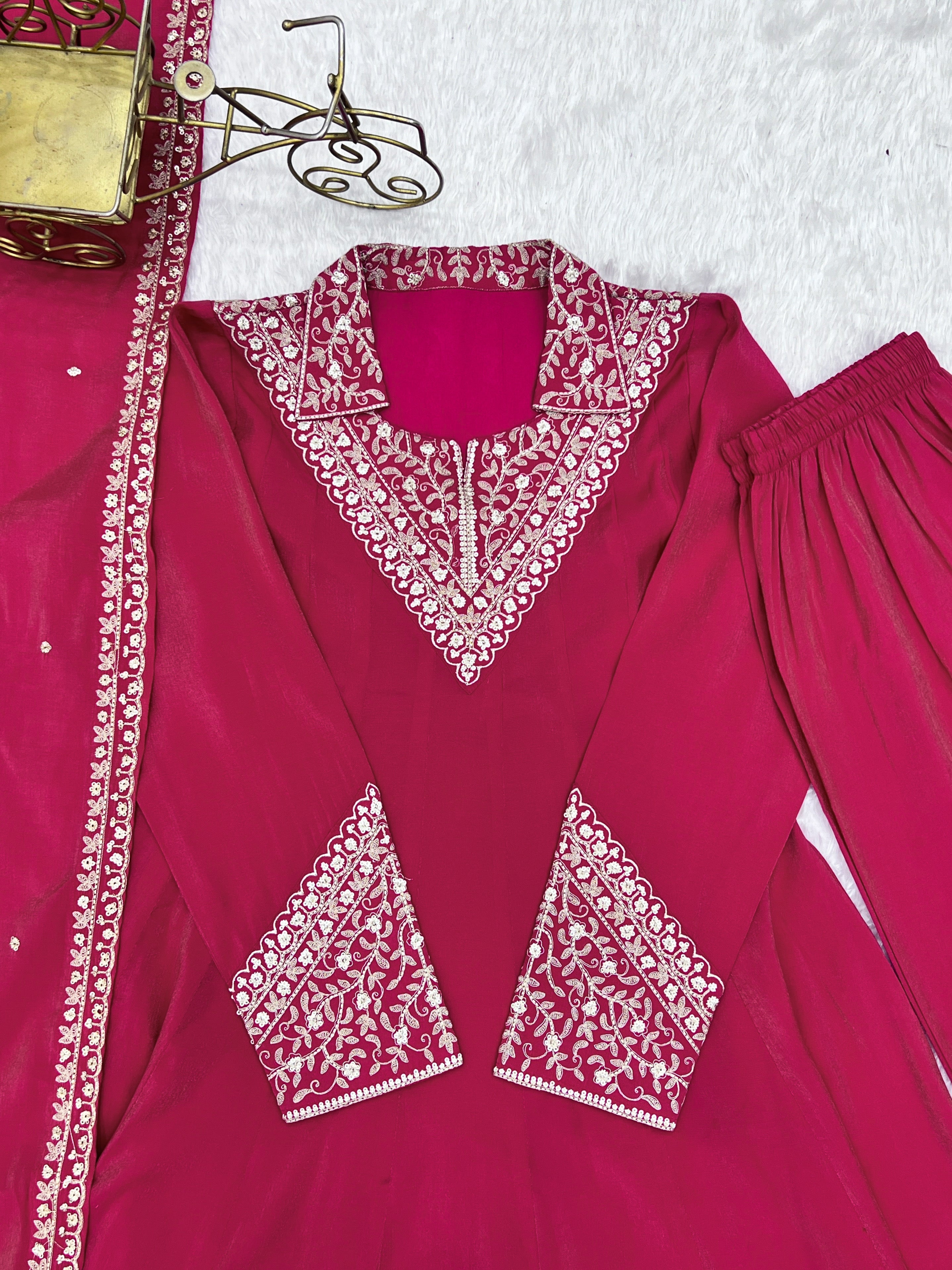 Roman Shimmer Silk Embroidered Anarkali Set – Rani Pink