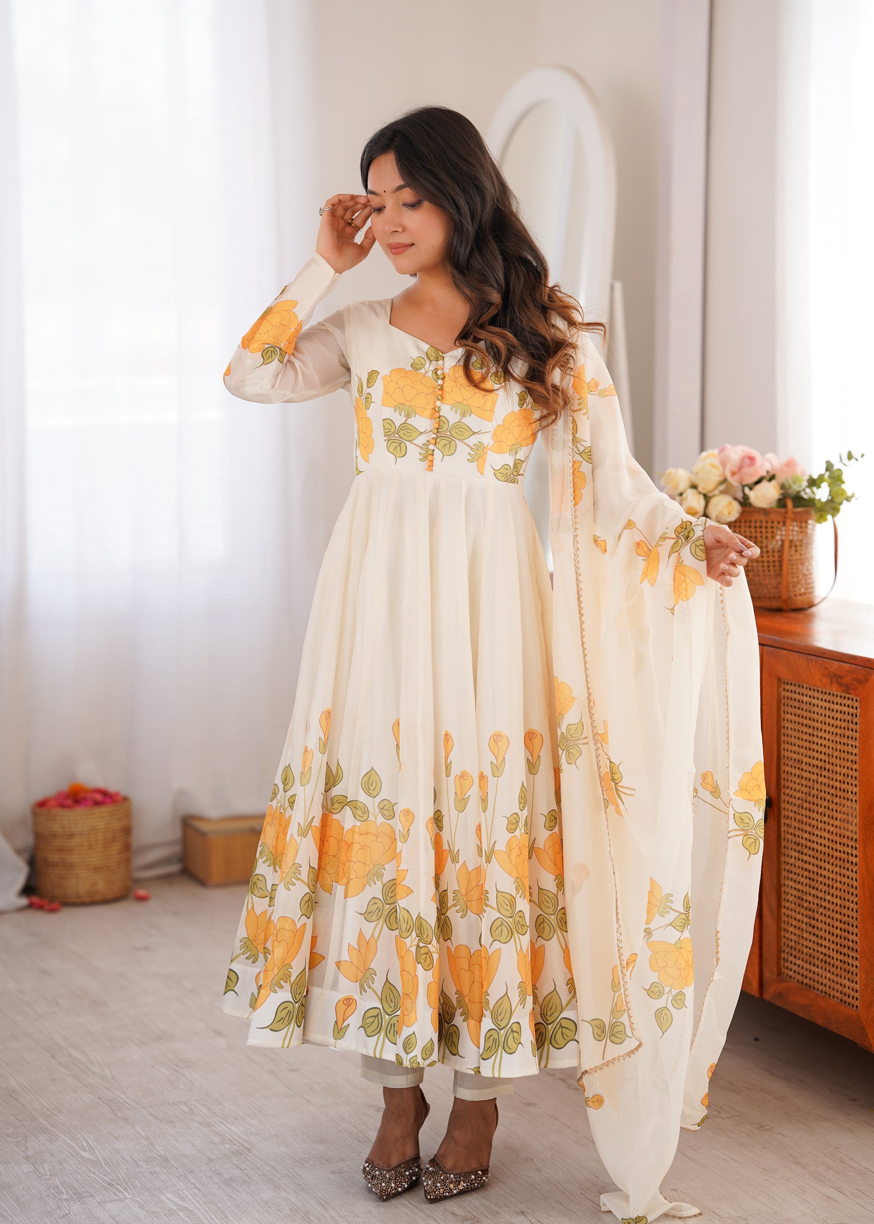 Organza Silk Printed Anarkali Set – Ivory Floral