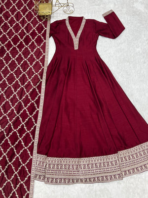 Vichitra Silk Embroidered Gown Set – Maroon