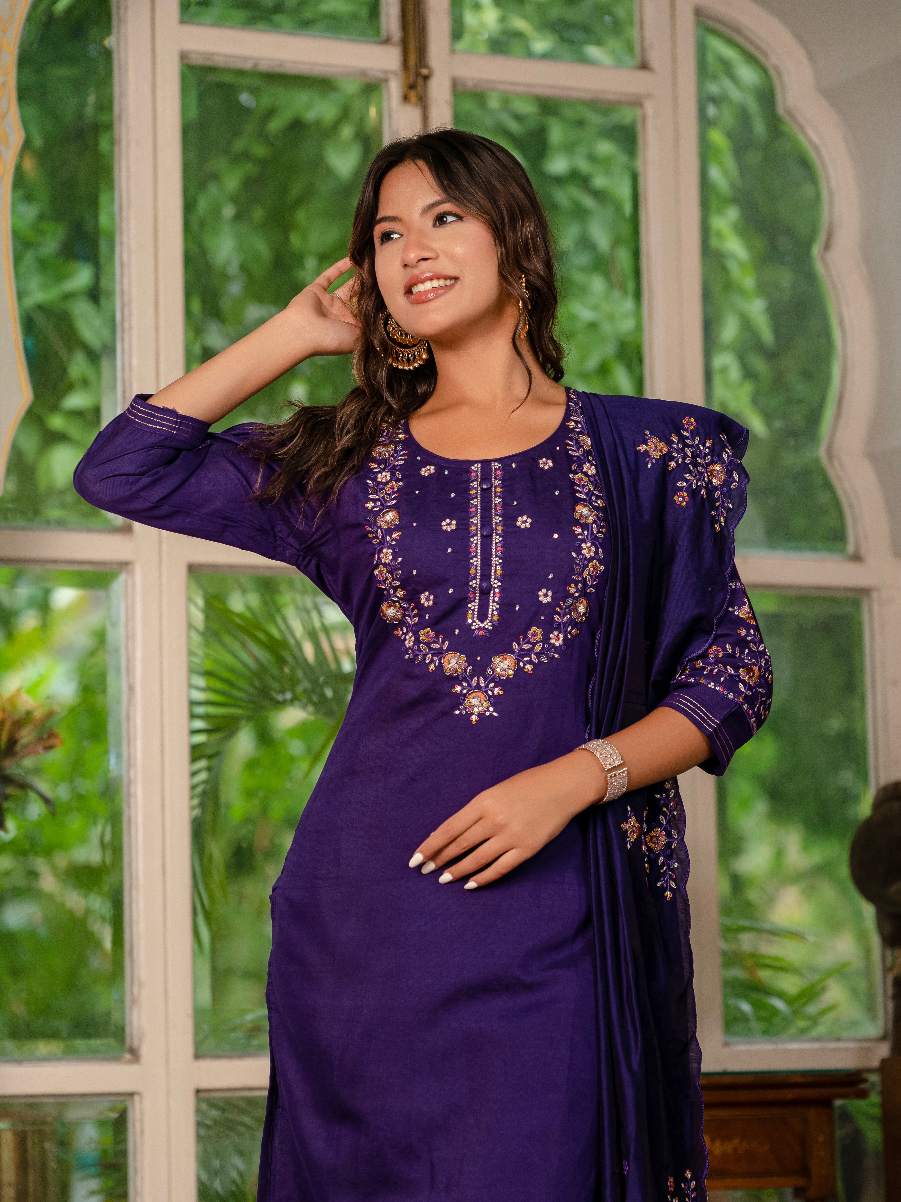 Marina Silk Embroidered Straight Kurti Set – Violet