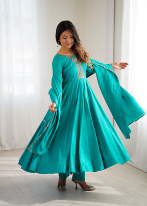 Roman Chanderi Silk Embroidered Anarkali Set – Teal Blue