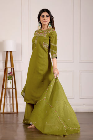 Viscose Mango Silk Embroidered Anarkali Kurti Set – Mahendi Green