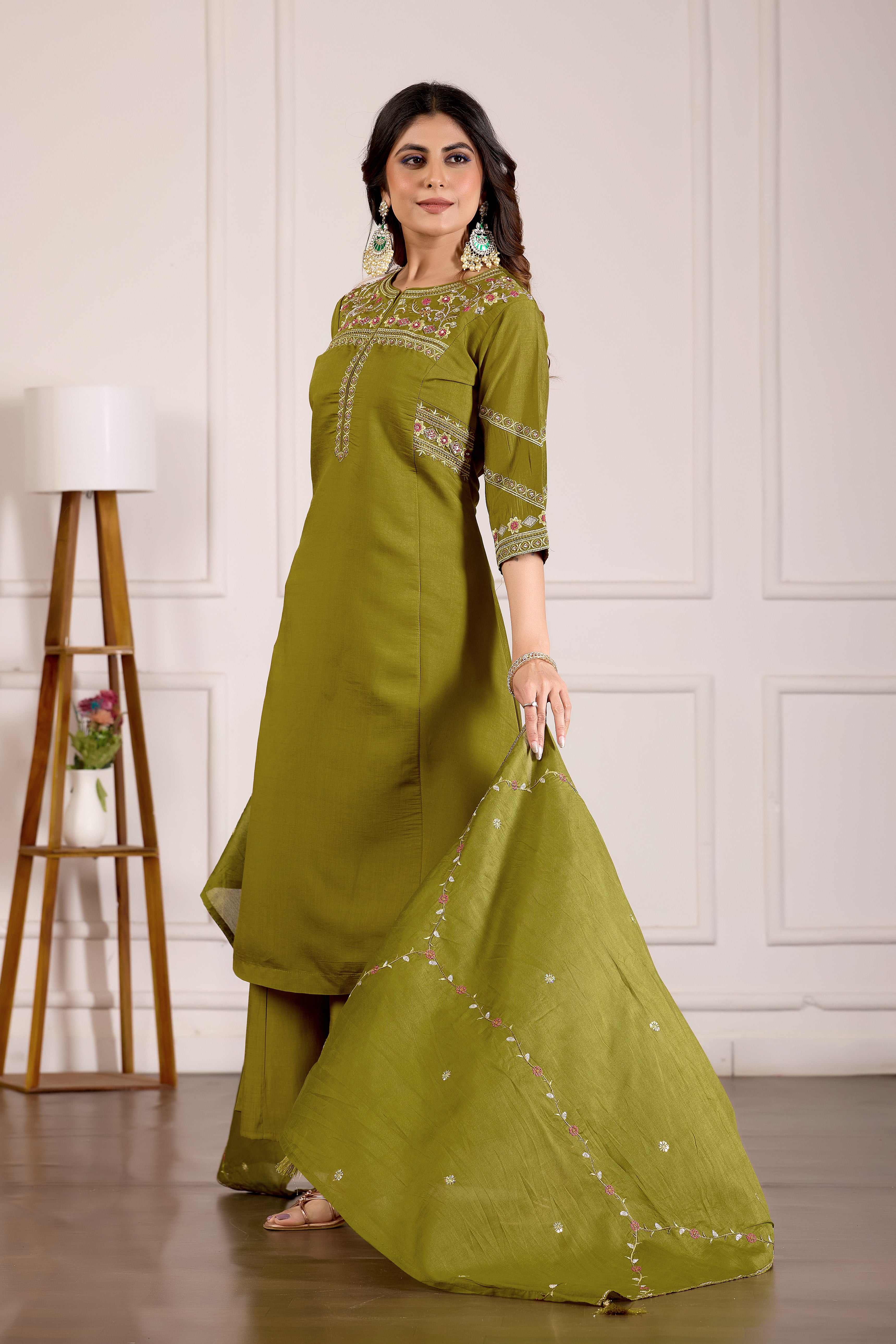 Viscose Mango Silk Embroidered Anarkali Kurti Set – Mahendi Green