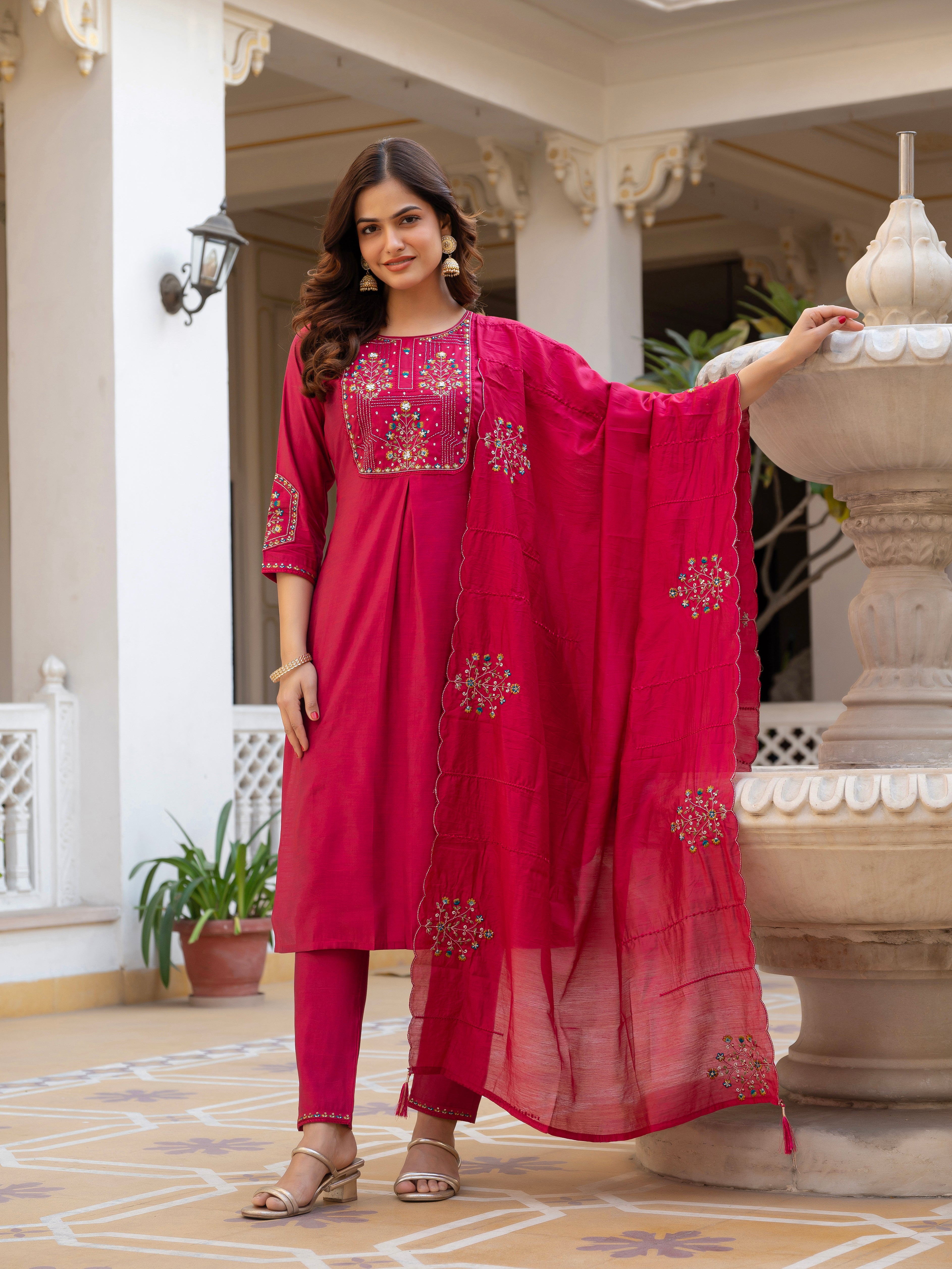Pure Viscose Mango Silk Embroidered Straight Kurti Set – Pink
