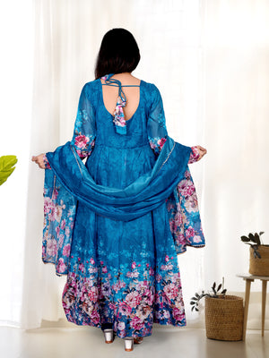 Organza Silk Printed Anarkali Set – Blue