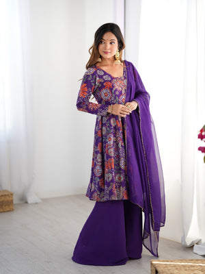 Roman Chanderi Silk Printed Kurta-Palazzo Set – Purple
