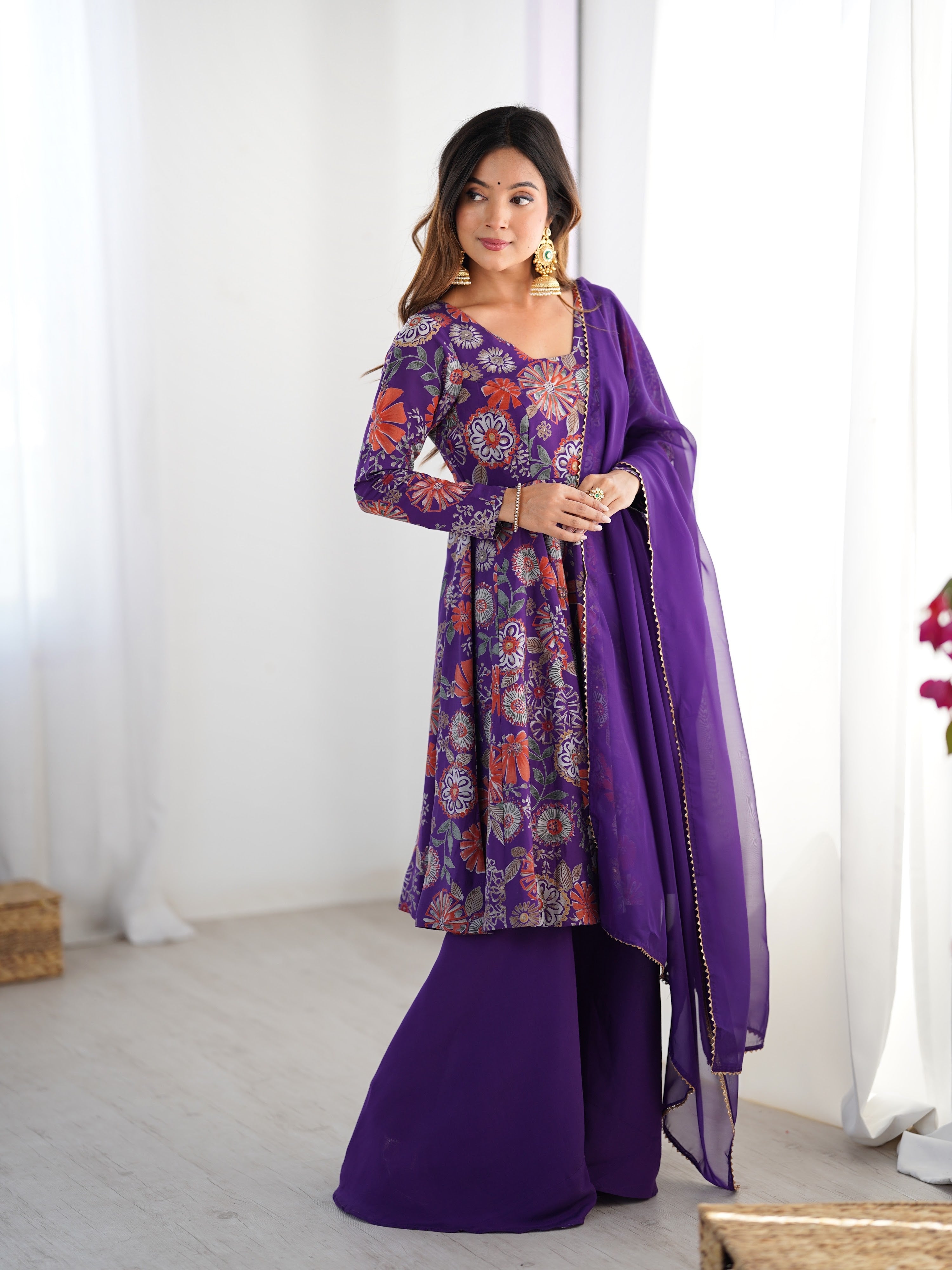 Roman Chanderi Silk Printed Kurta-Palazzo Set – Purple