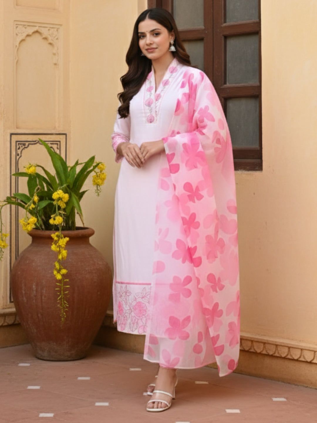 Chanderi Printed Kurta Pant Dupatta Set – Pink