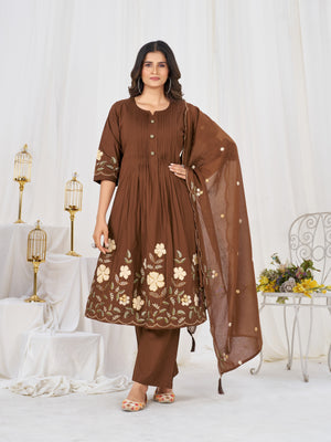 Pure Cotton Embroidered Anarkali Kurti Set – Coffee