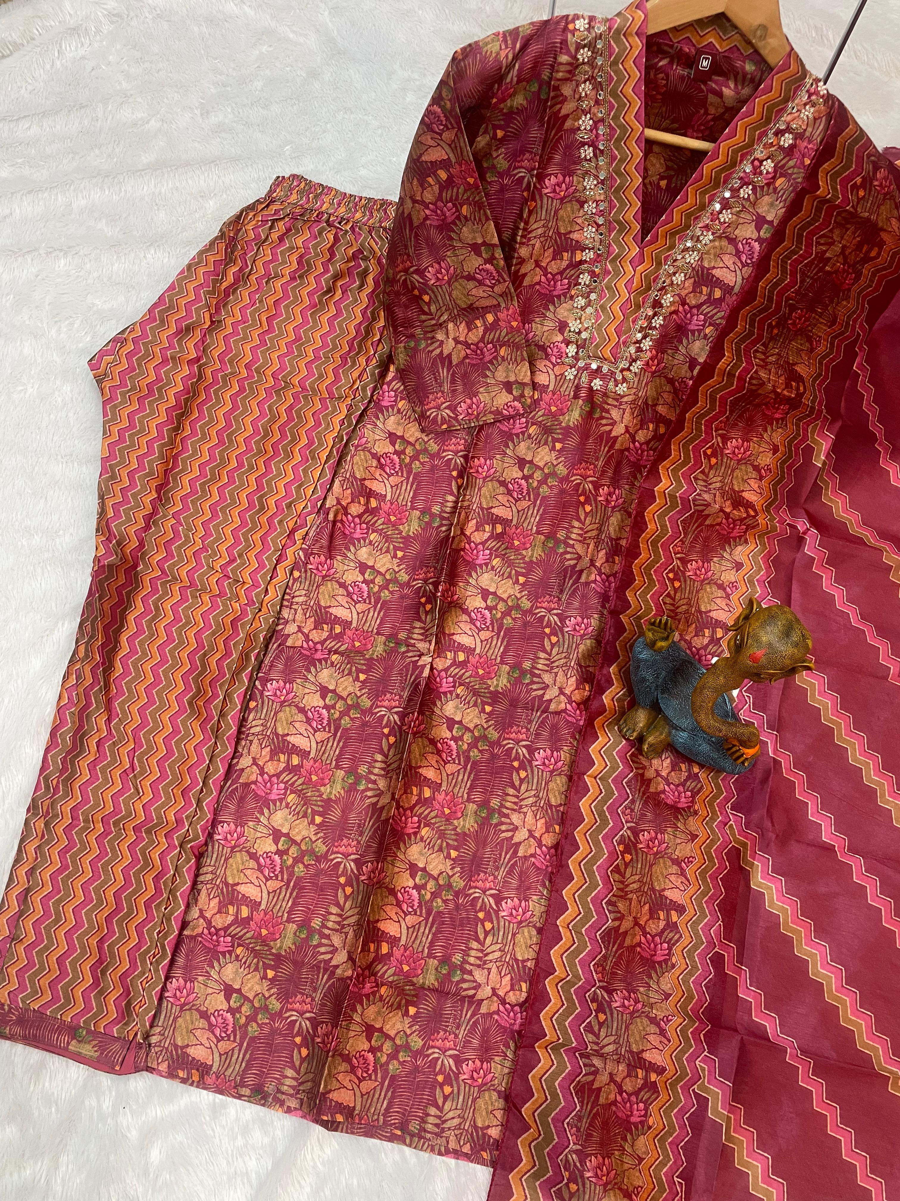 Zarna Silk Embroidered Straight Kurti Set – Maroon