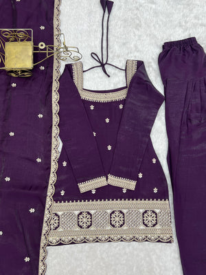 Glass Roman Silk Embroidered Kurta-Farshi Set – Purple