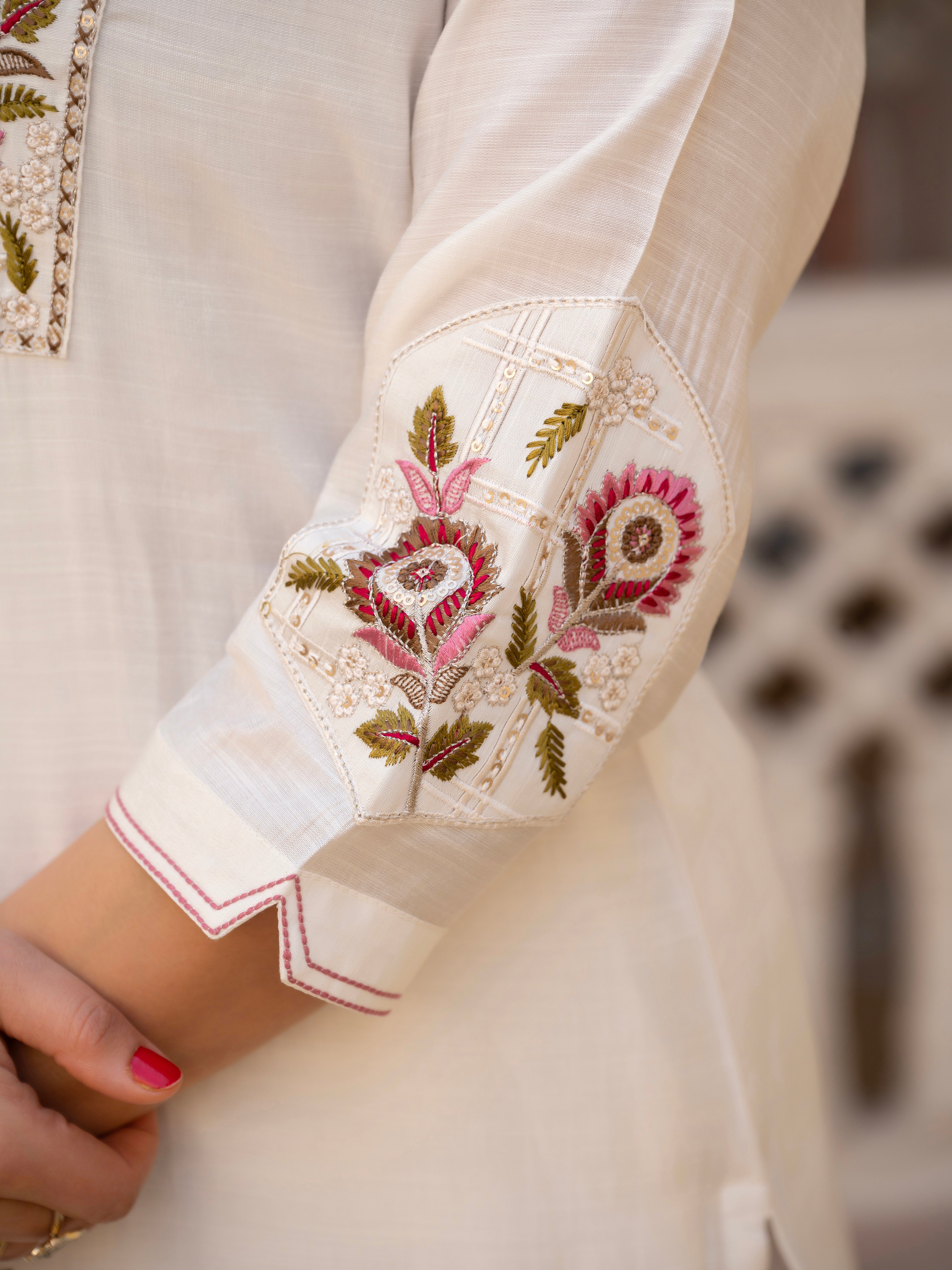 Pure Viscose Mango Silk Embroidered Straight Kurti Set – White