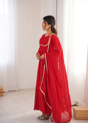 Georgette Embroidered Gown Set – Red