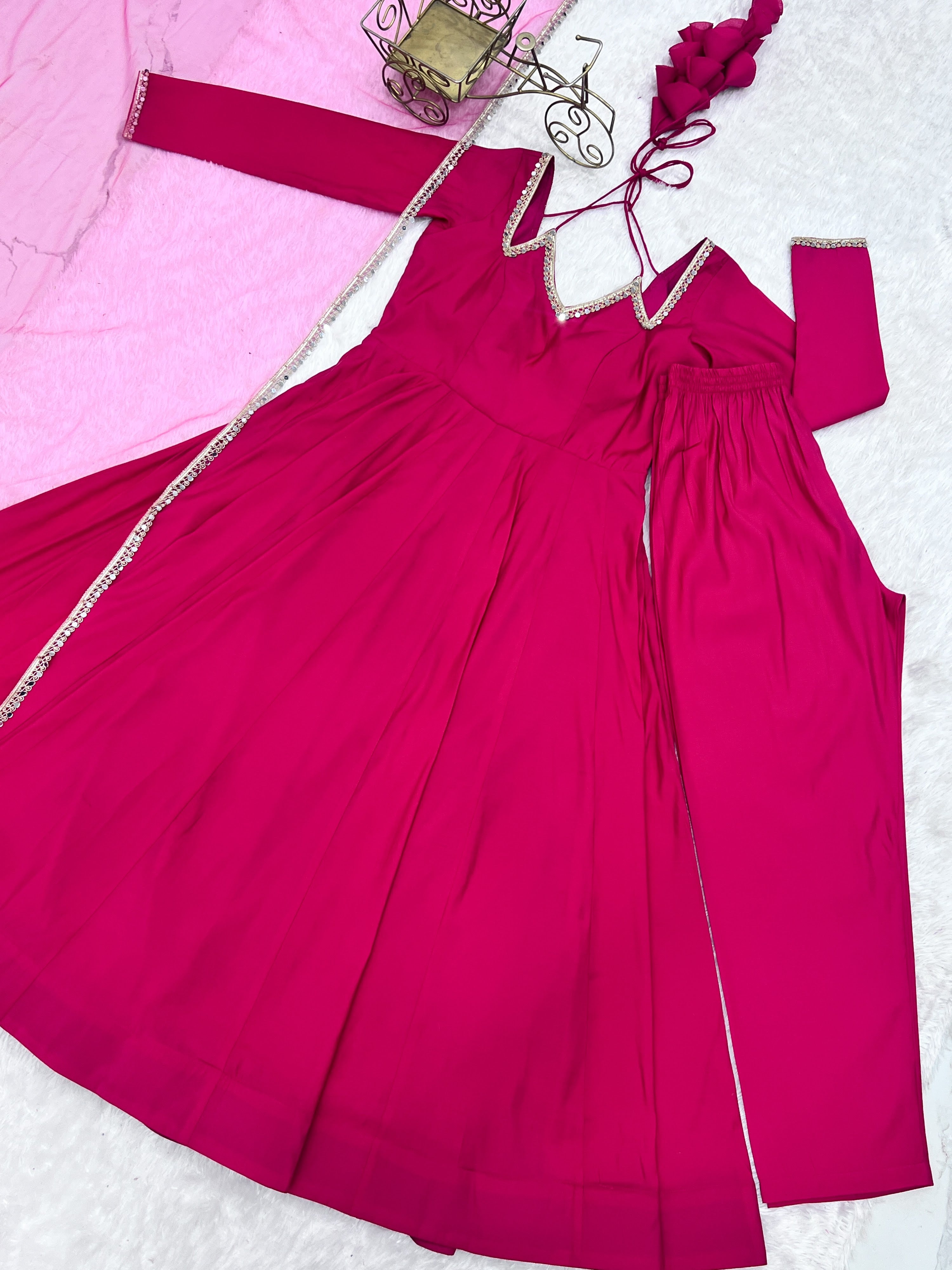 Roman Chanderi Silk Embroidered Anarkali Set – Dark Pink