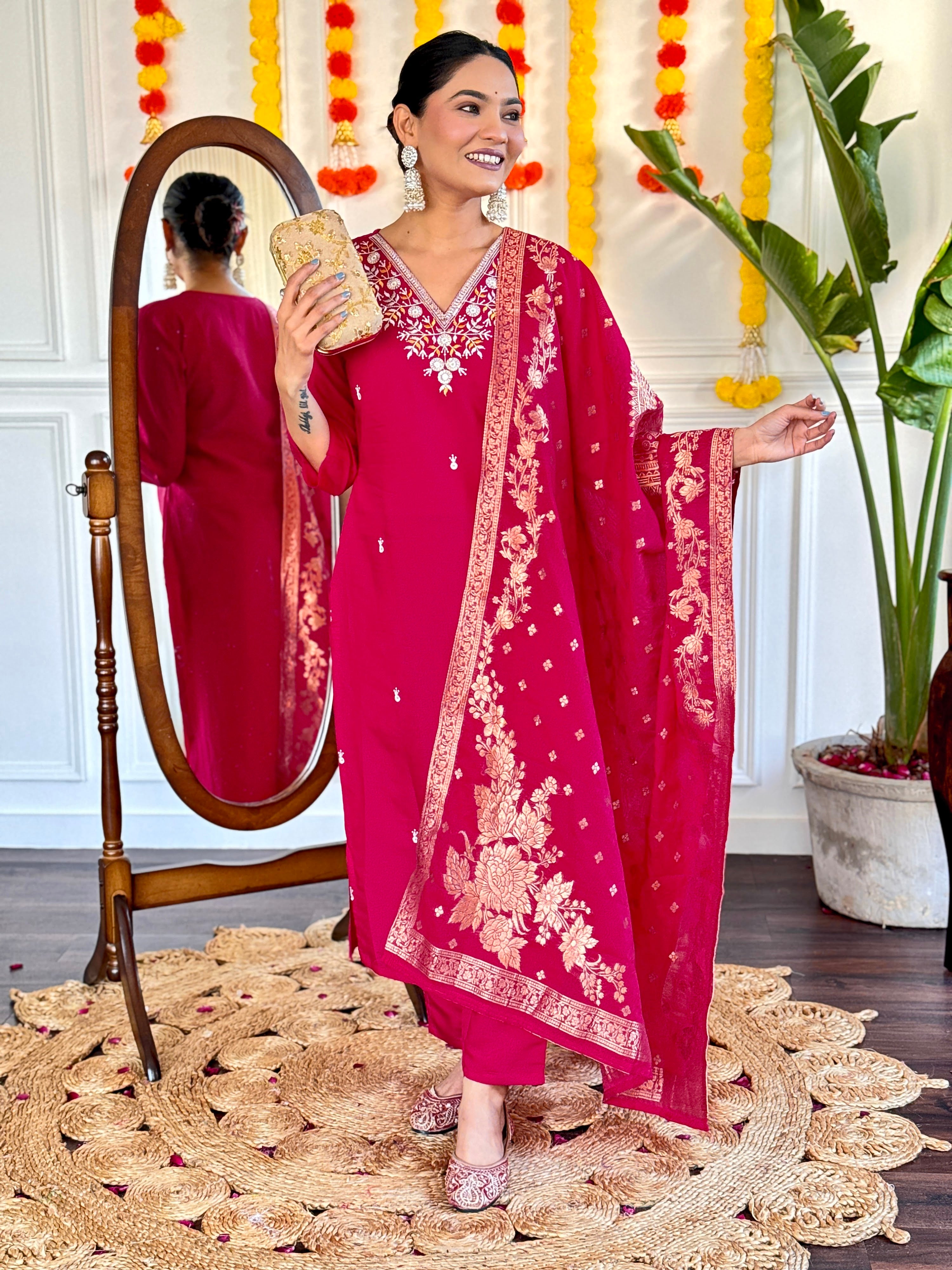 Viscose Chanderi Embroidered Kurta Pant Dupatta Set – Rani Pink