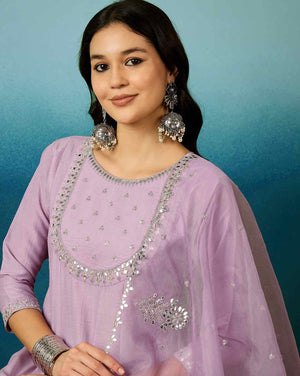 Silk Blend Embroidered Kurta Pant Dupatta Set – Lavender