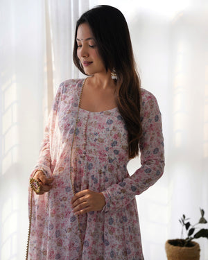 Heavy Orange Chiffon Floral Print Printed Anarkali Set – White Pink
