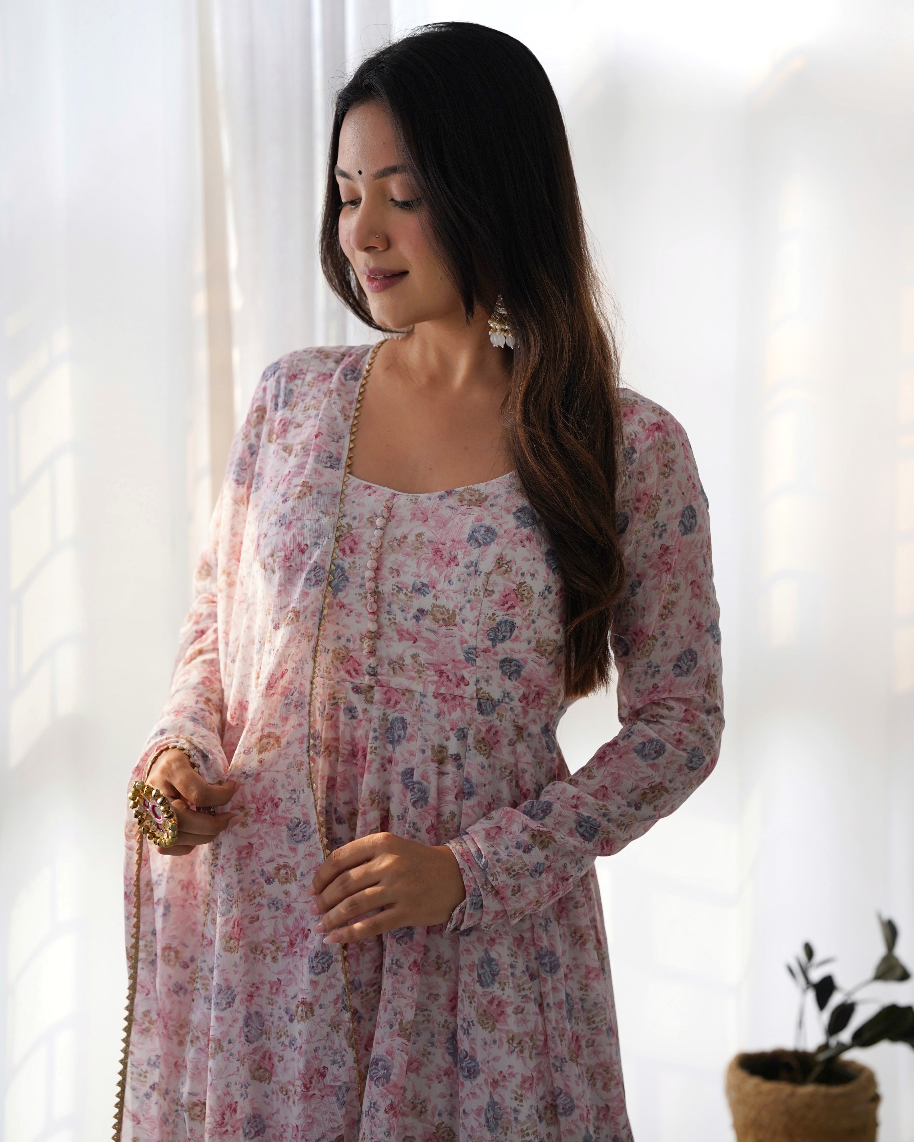 Heavy Orange Chiffon Floral Print Printed Anarkali Set – White Pink