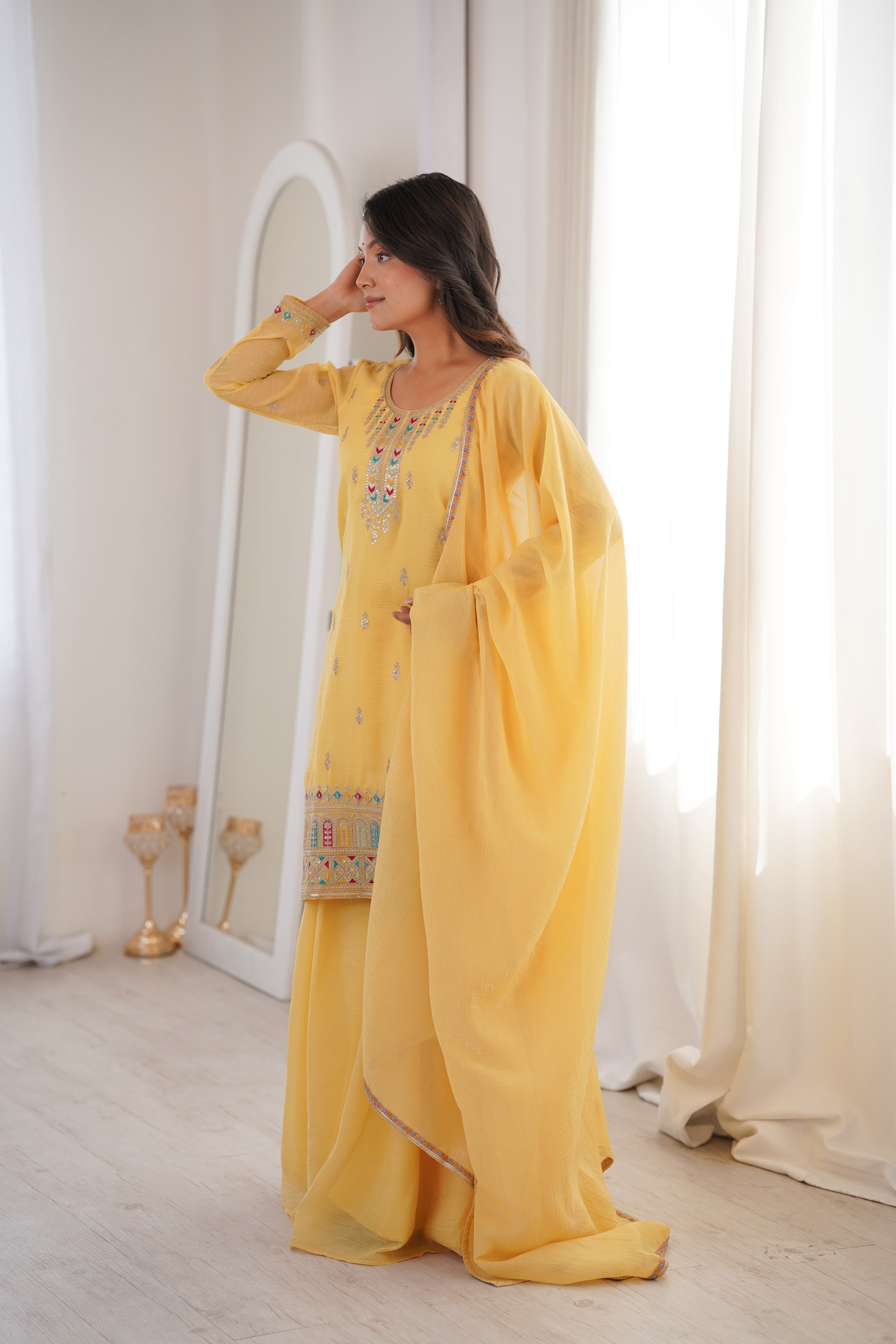 Crunchy Silk Embroidered Kurta-Sharara Set – Yellow