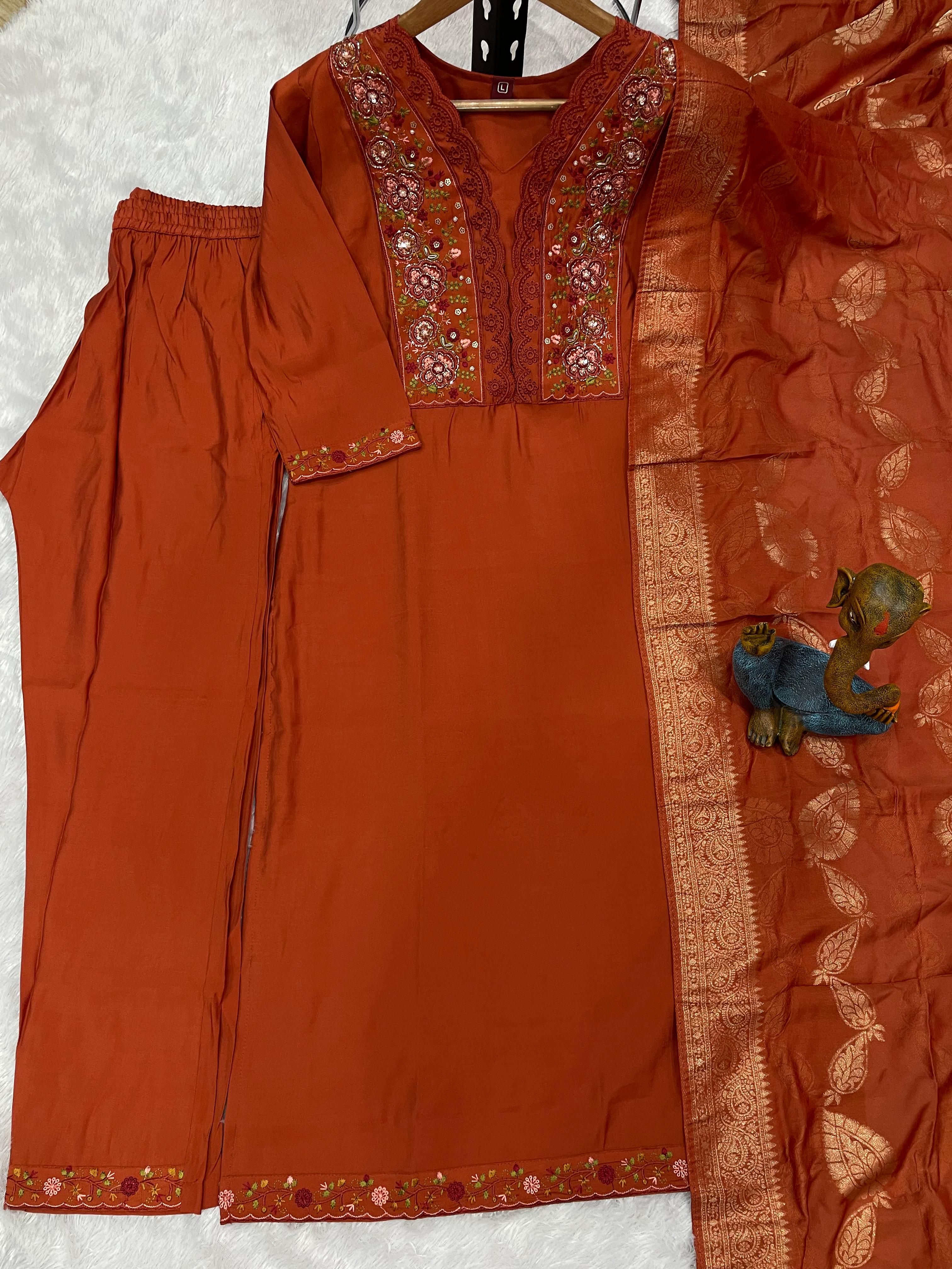 Roman Silk Embroidered Straight Kurti Set – Rust