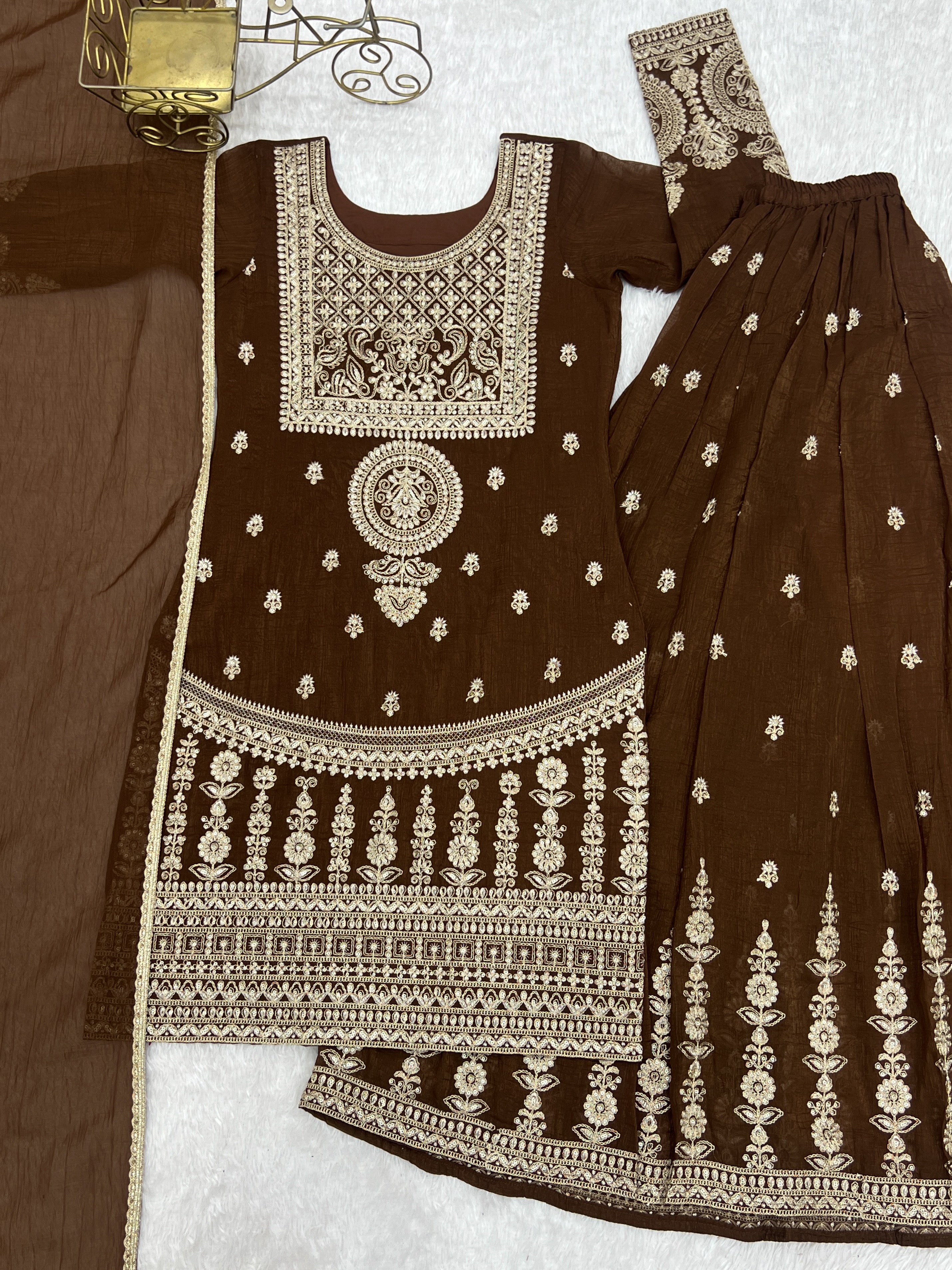 Crunchy Silk Embroidered Sharara Set – Coffee Brown