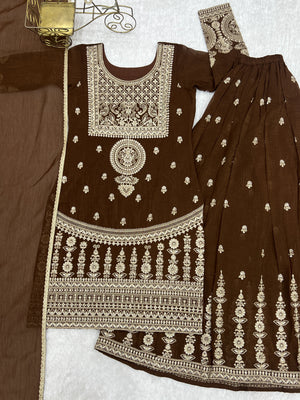 Crunchy Silk Embroidered Sharara Set – Coffee Brown