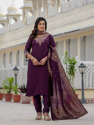Premium Roman Silk Embroidered Straight Kurti Set – Wine
