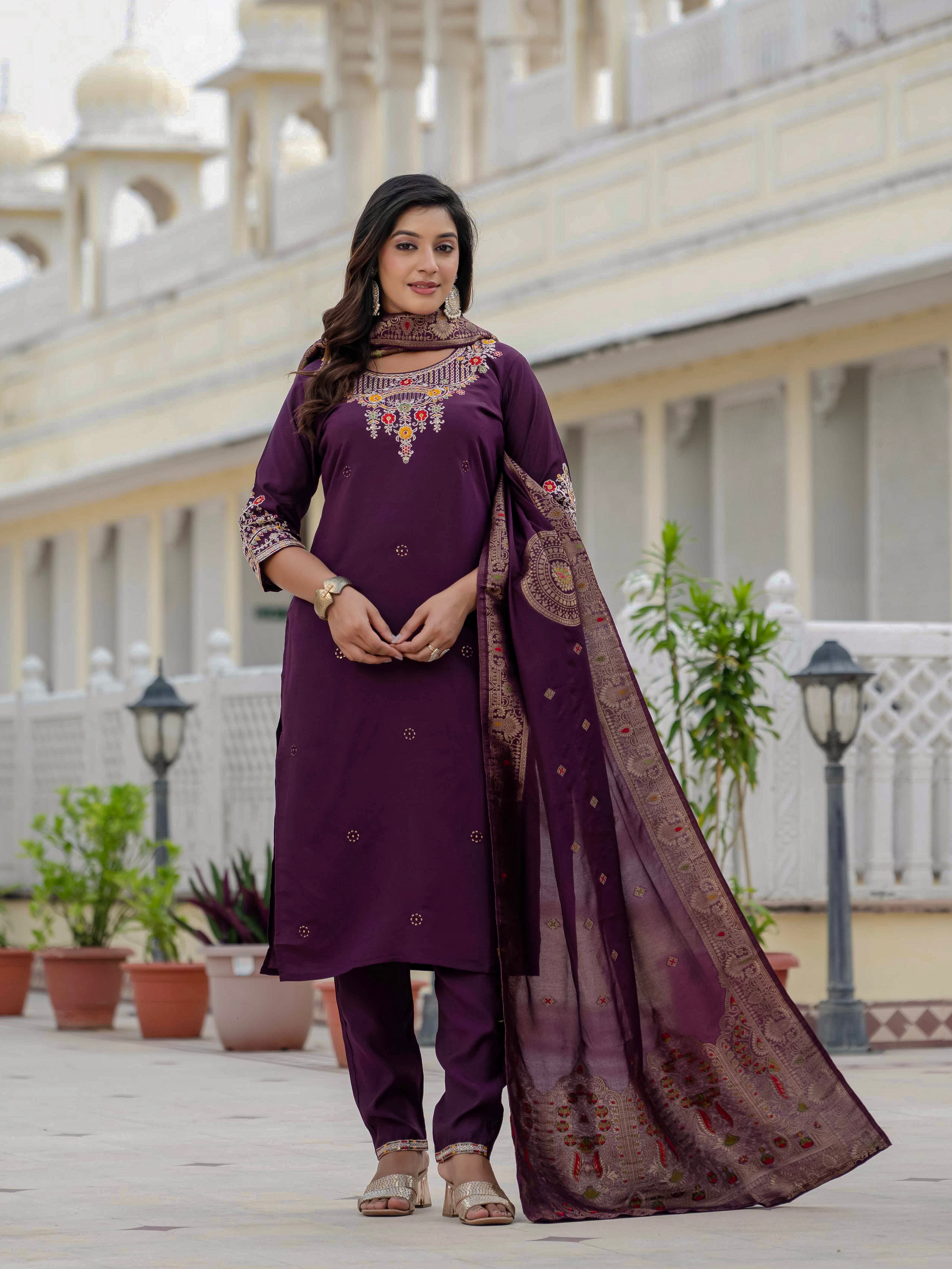 Premium Roman Silk Embroidered Straight Kurti Set – Wine