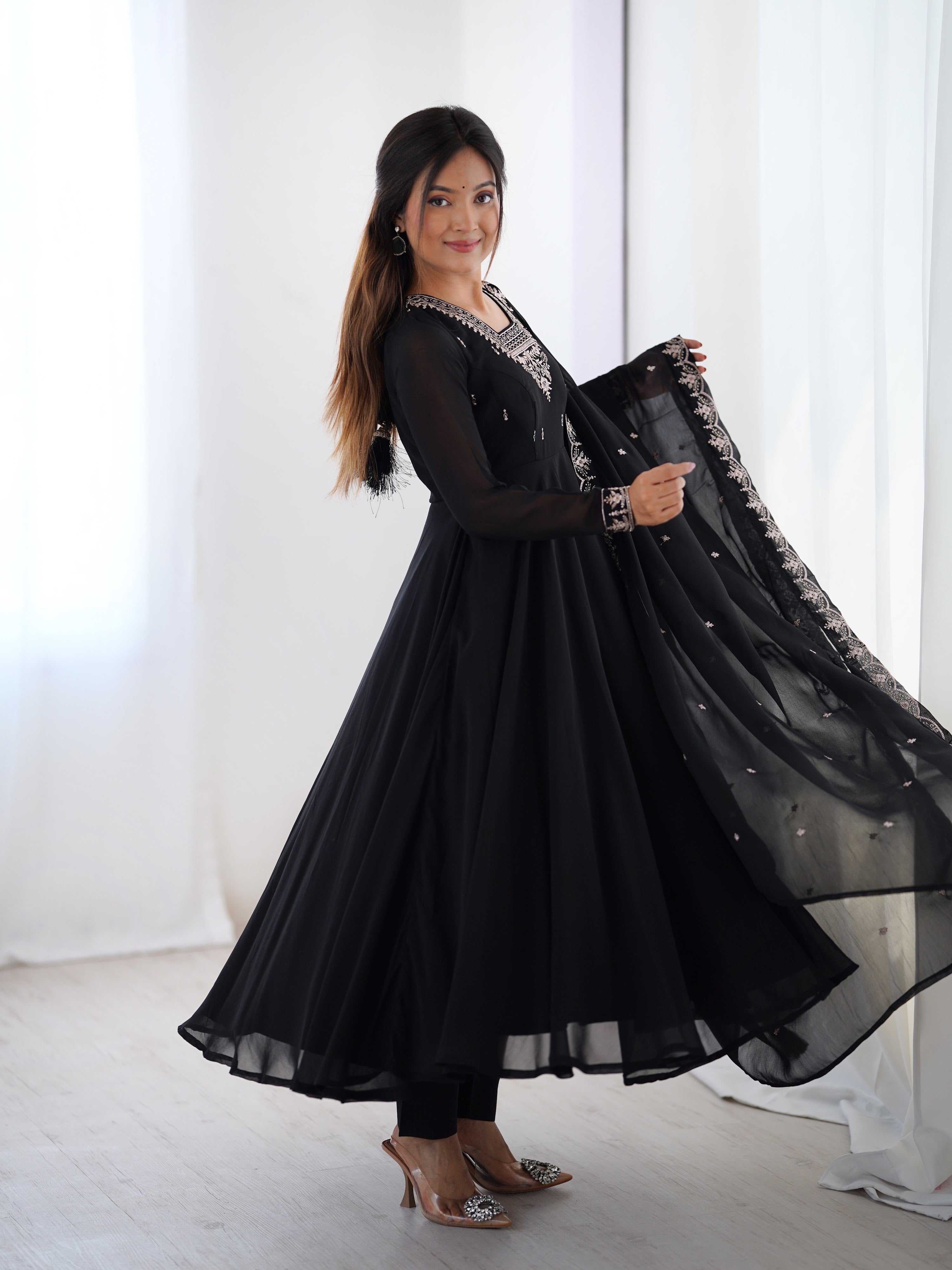Georgette Embroidered Anarkali Set – Black