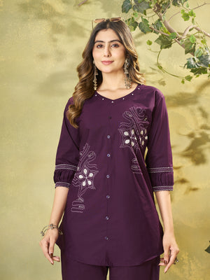 Pure Cotton Embroidered Co-Ords Set – Wine