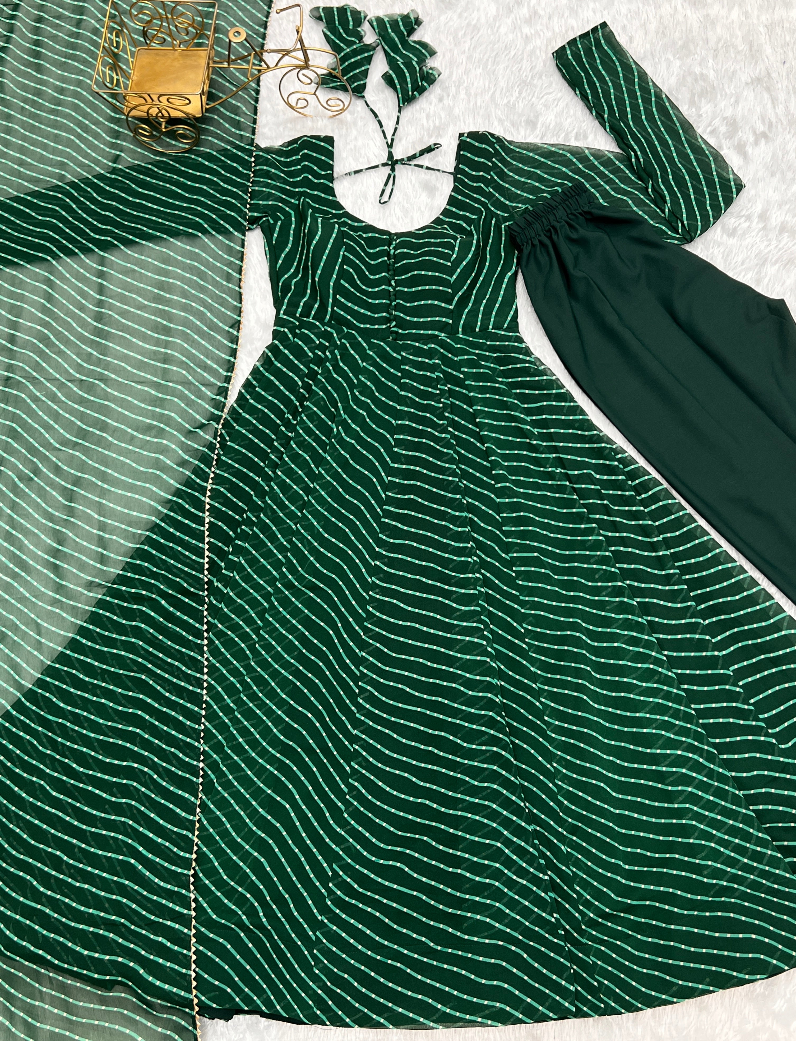 Georgette Printed Anarkali Set – Bottle Green