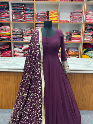 Georgette Embroidered Gown Set – Wine