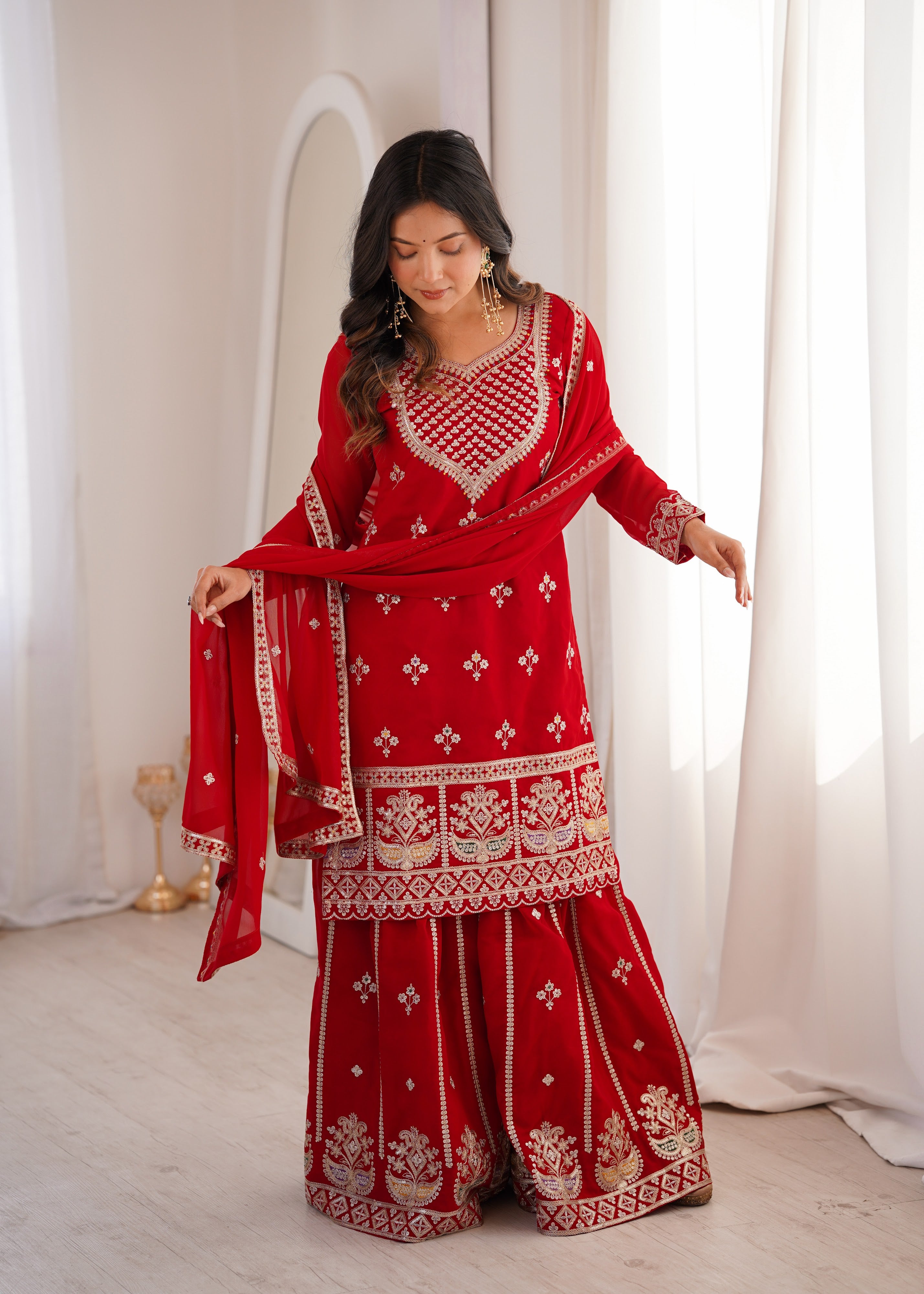 Georgette Embroidered Kurta-Sharara Set – Red