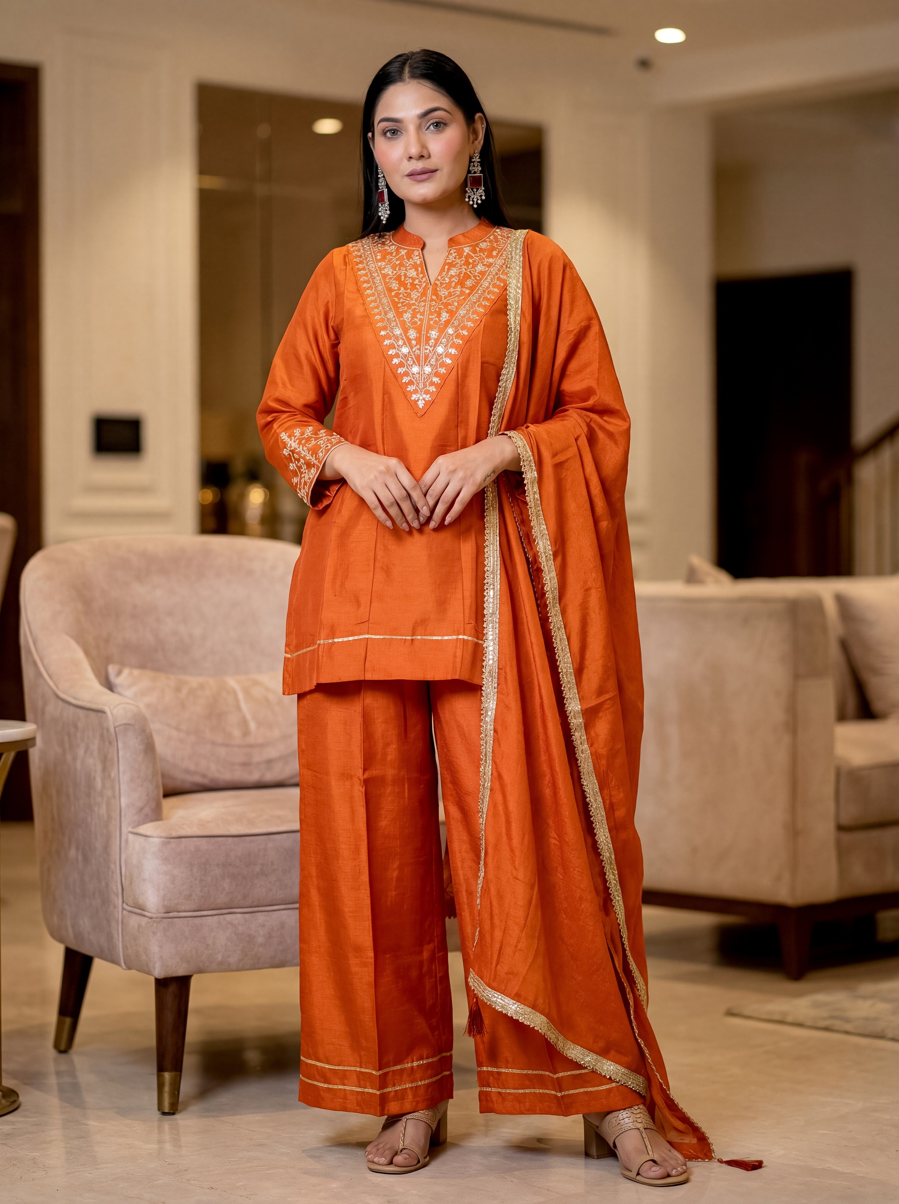 Cp Vichitra Silk Embroidered Kurta Pant Dupatta Set – Rust Orange