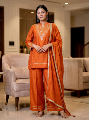 Cp Vichitra Silk Embroidered Kurta Pant Dupatta Set – Rust Orange