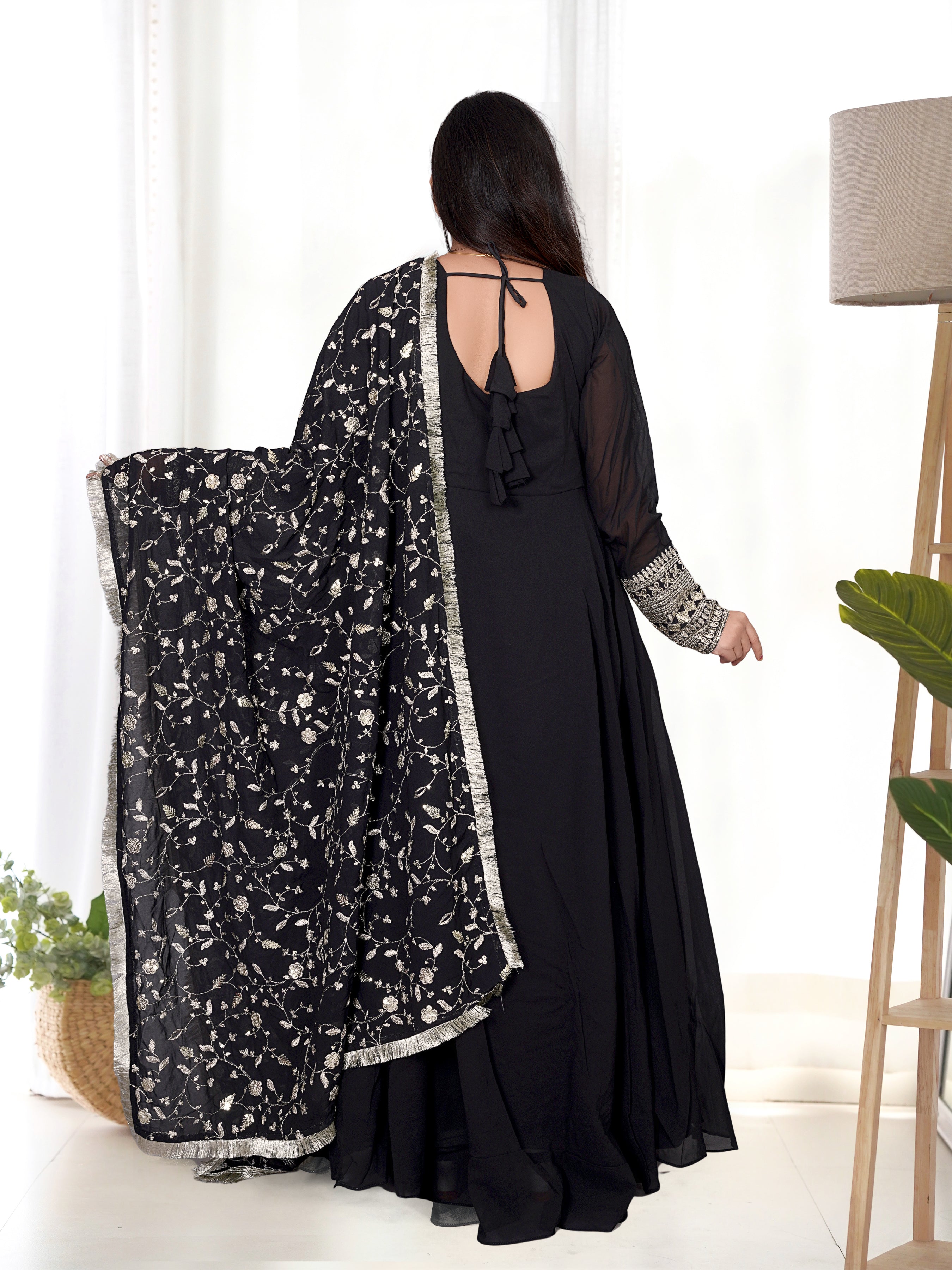 Georgette Embroidered Gown Set – Black