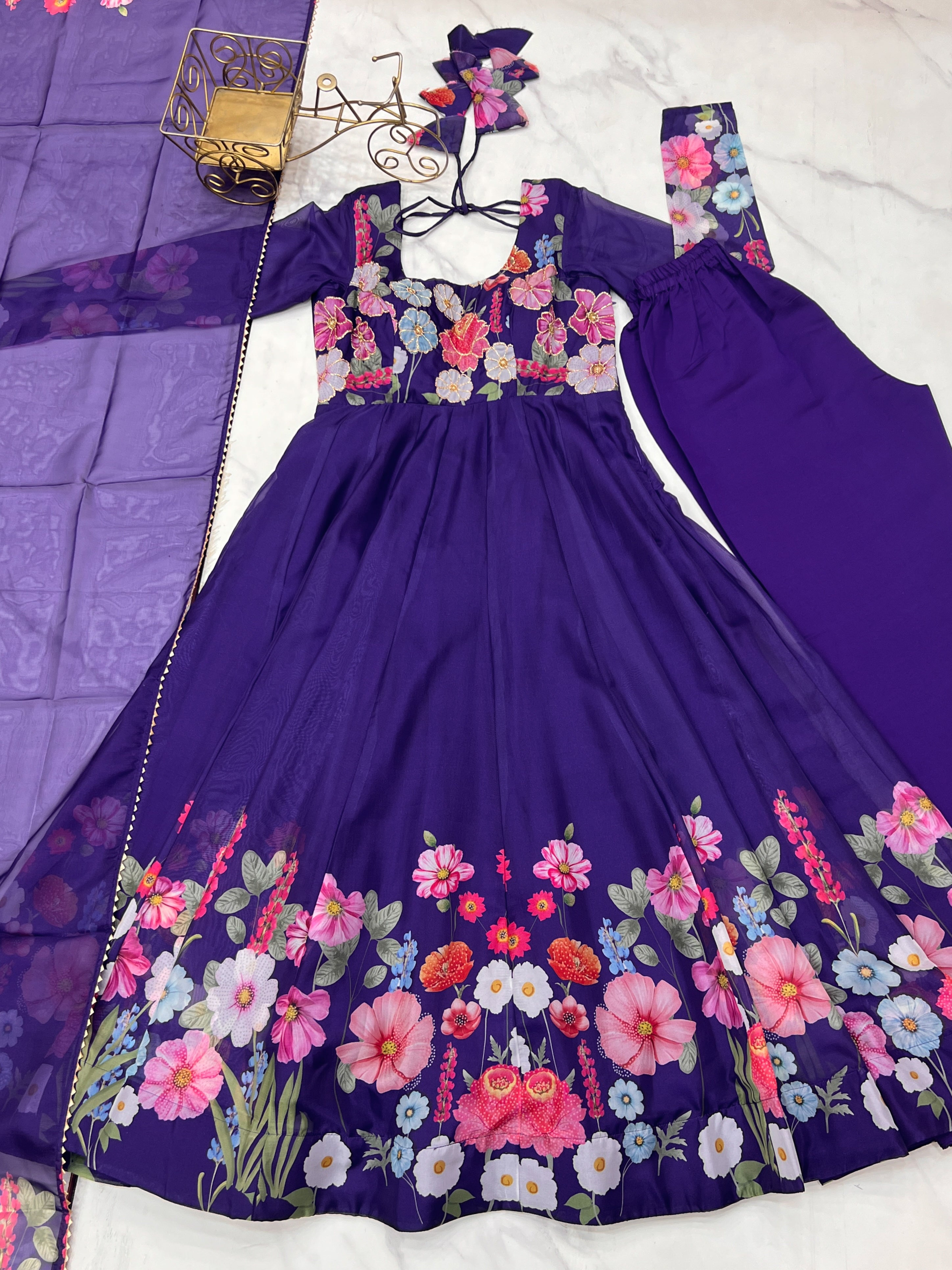 Organza Silk Printed Anarkali Set – Purple