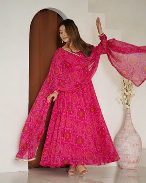 Soft Lightweight Chiffon Bandhej Fabric Inner Micro Cotton Embroidered Anarkali Set – Pink