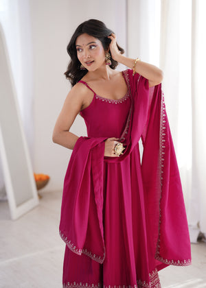 Roman Chanderi Silk Embroidered Anarkali Set – Rani Pink