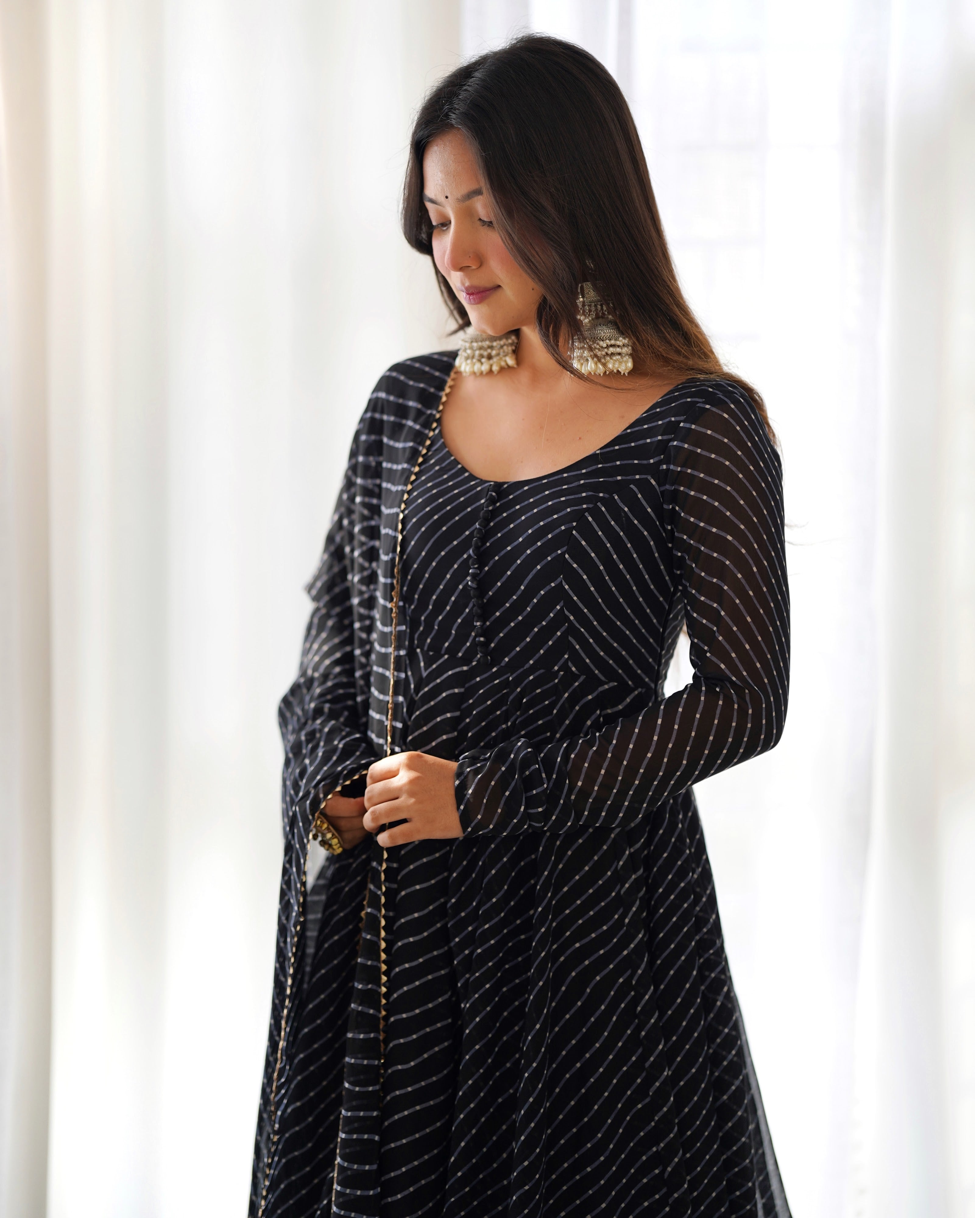 Georgette Printed Anarkali Set – Black