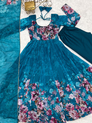 Organza Silk Printed Anarkali Set – Blue