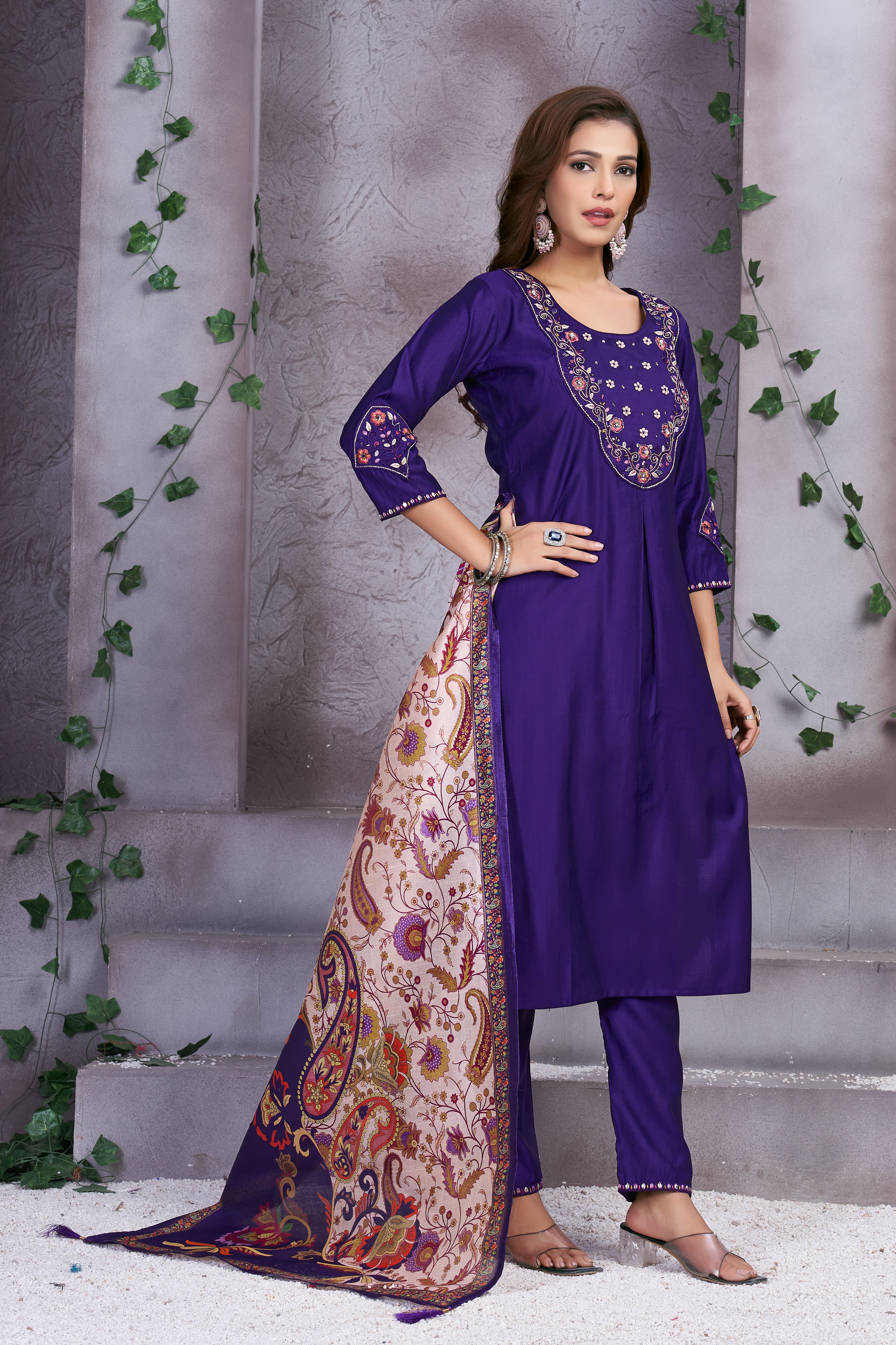 Premium Marina Silk Embroidered Straight Kurti Set – Violet
