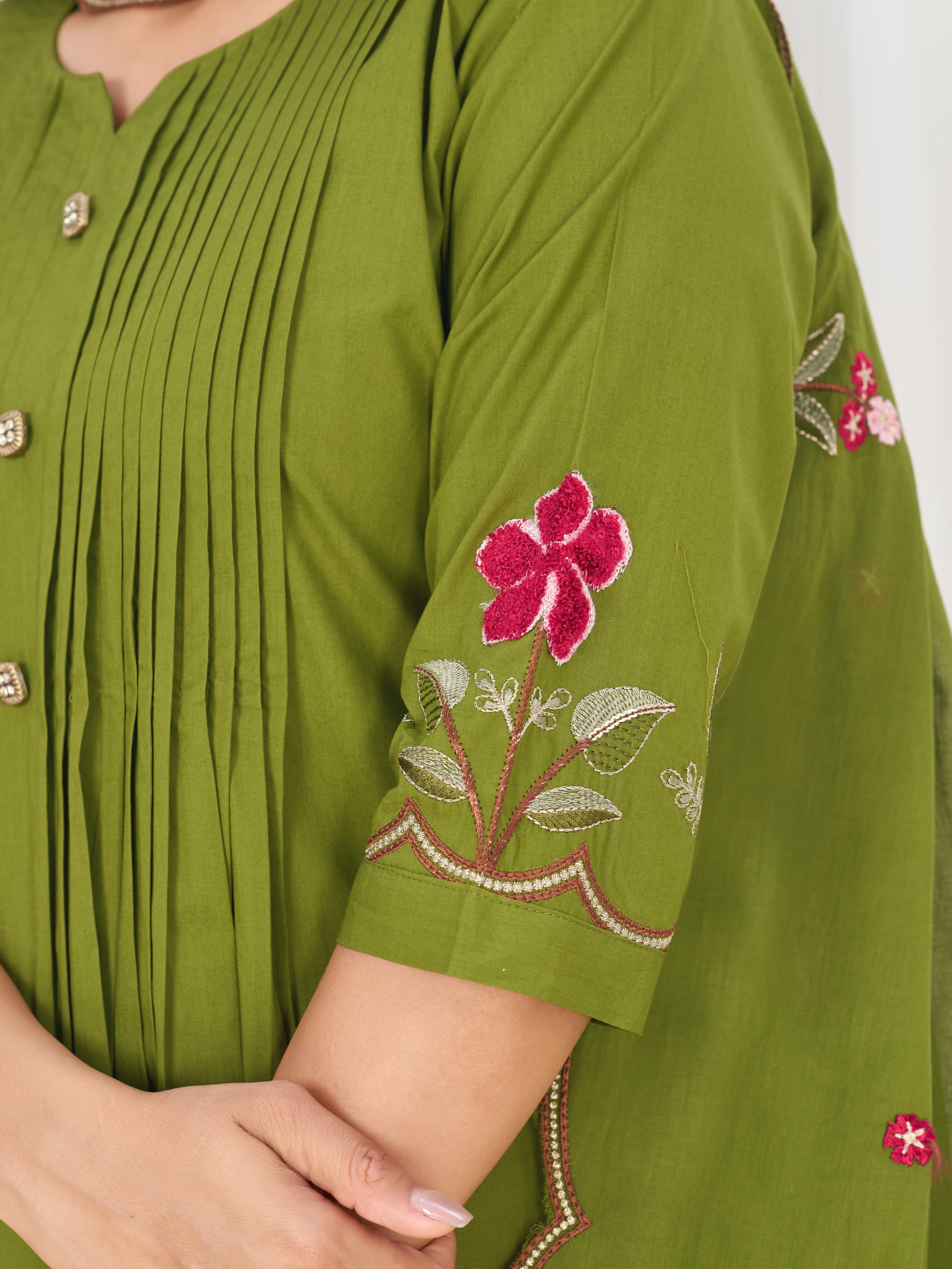 Pure Cotton Embroidered Anarkali Kurti Set – Green
