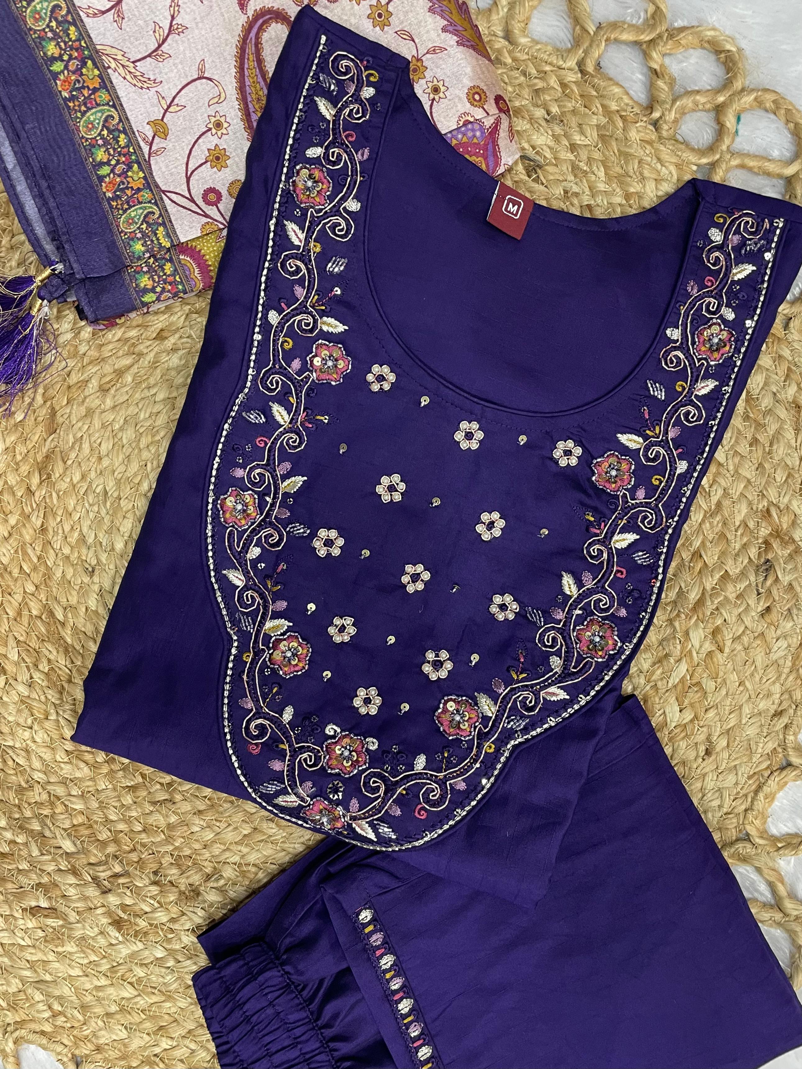Premium Marina Silk Embroidered Straight Kurti Set – Violet