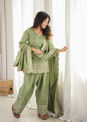 Glass Roman Silk Embroidered Farshi Salwar Set – Sage Green
