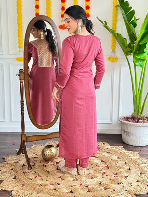 Viscose Chanderi Embroidered Kurta Pant Dupatta Set – Dusty Rose