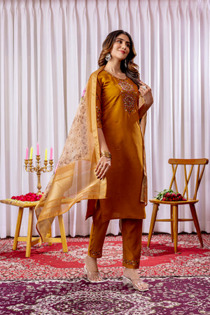 Viscose Silk Embroidered Straight Kurti Set – Mustard
