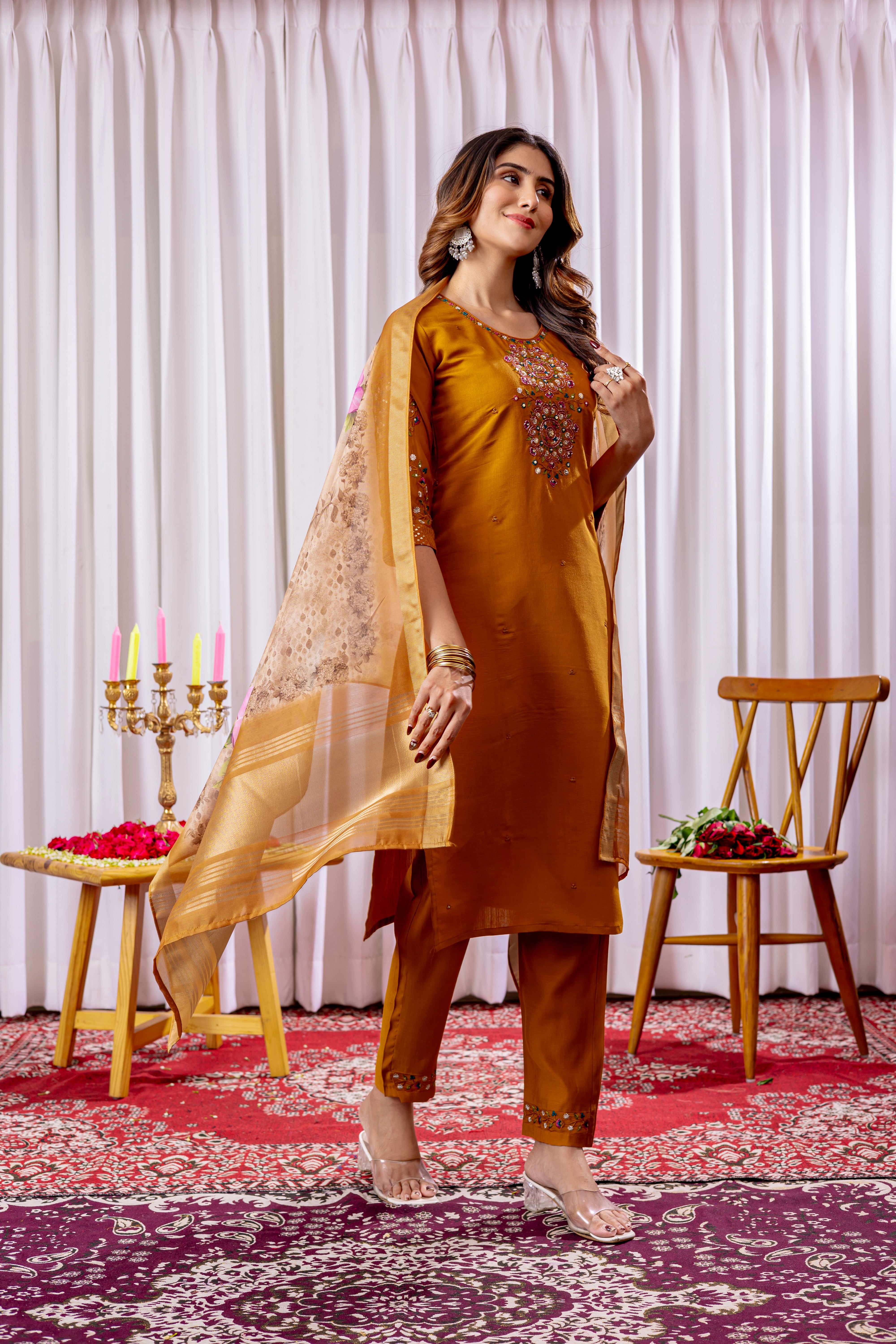 Viscose Silk Embroidered Straight Kurti Set – Mustard